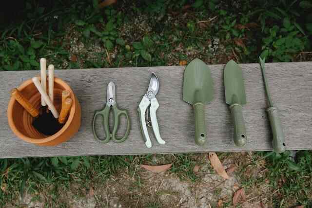 Gardening tools with a terra-cotta pot.
