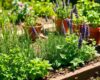 Thriving herb garden with multiple perennial herbs growing in raised beds.