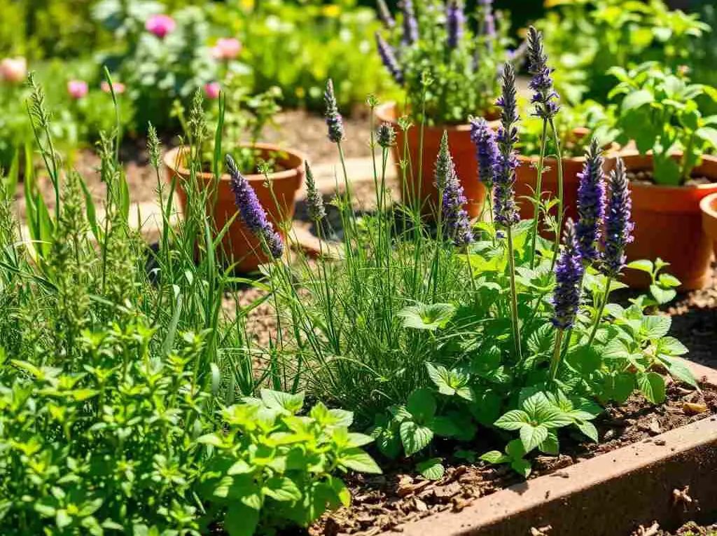 Thriving herb garden with multiple perennial herbs growing in raised beds.