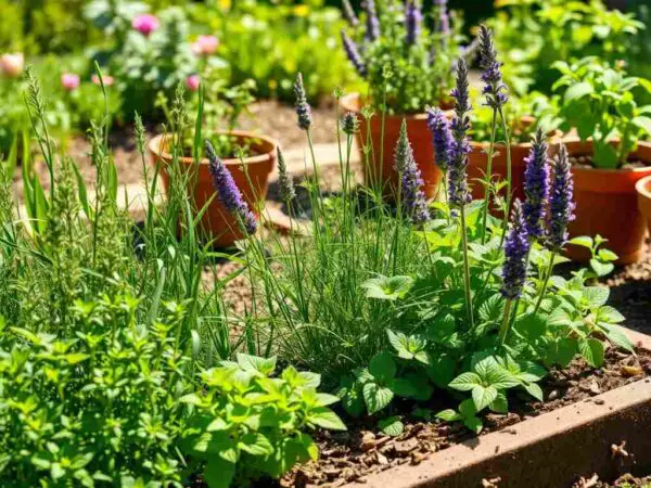 Thriving herb garden with multiple perennial herbs growing in raised beds.