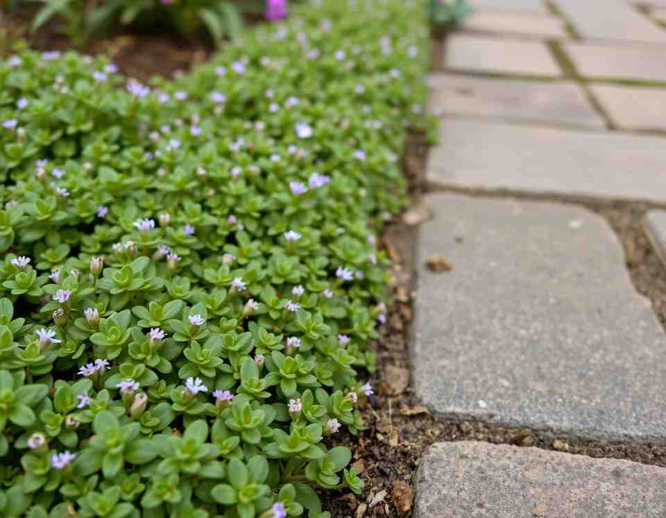 Close-up of creeping thyme growing along a garden path.