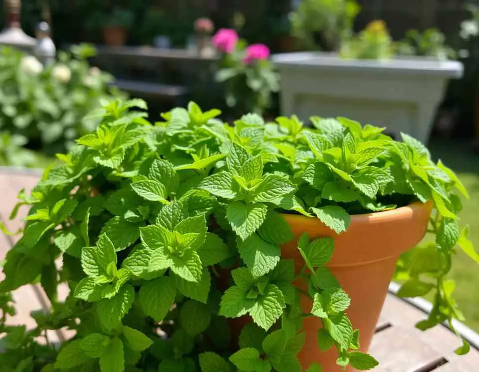 Mint plant in a terracotta pot with dense green leaves.