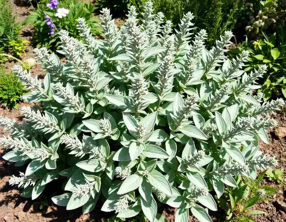 Sage plant with soft silvery leaves growing outdoors.