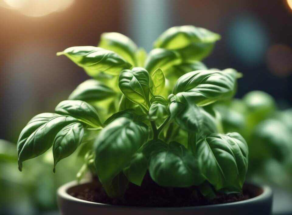 A basil plant growing in a small pot.