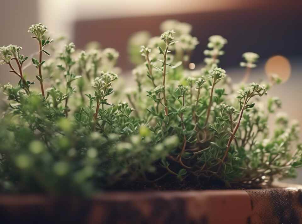 A Thyme plant growing in a planter.