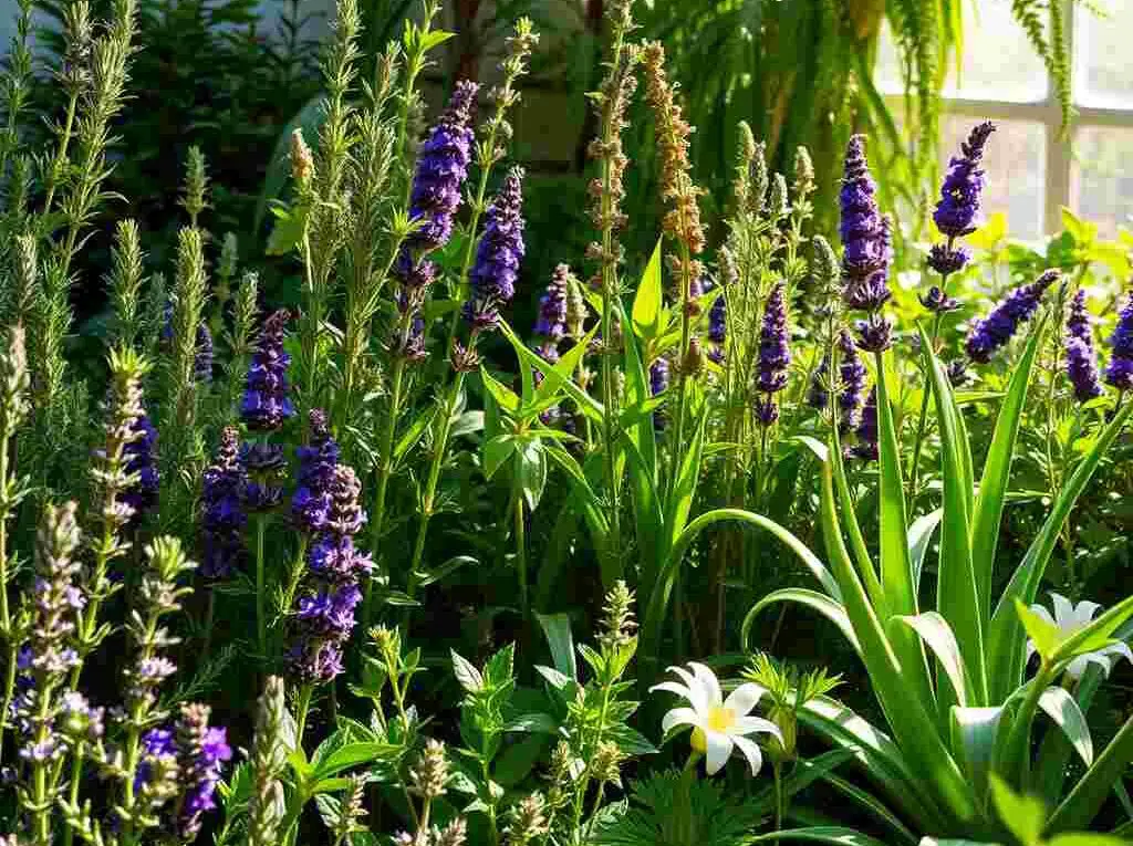 A vibrant herb garden with rosemary, lavender, aloe vera, and garlic, symbolizing remembrance, calm, protection, and healing.