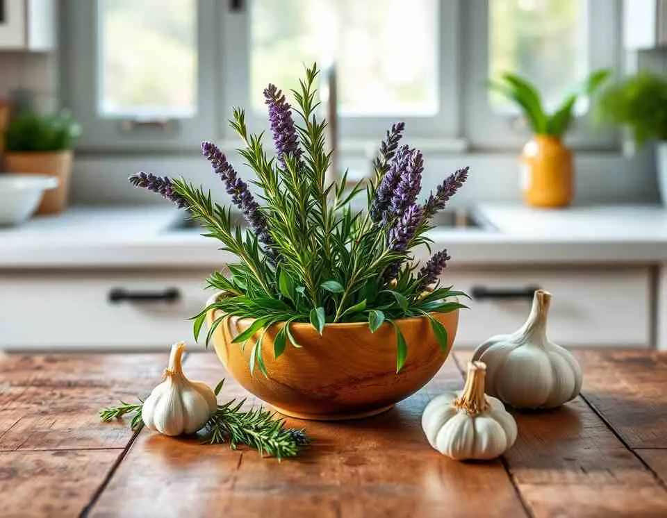 A rustic wooden table with rosemary, lavender, and garlic, symbolizing remembrance, calm, and protection, bathed in soft sunlight.