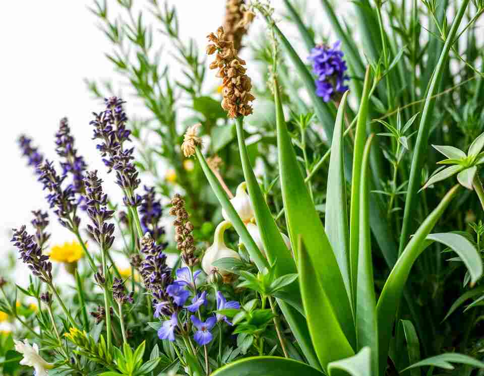 A serene, simple image of various herbs like rosemary, lavender, garlic, and aloe vera growing naturally in a beautiful garden setting. 