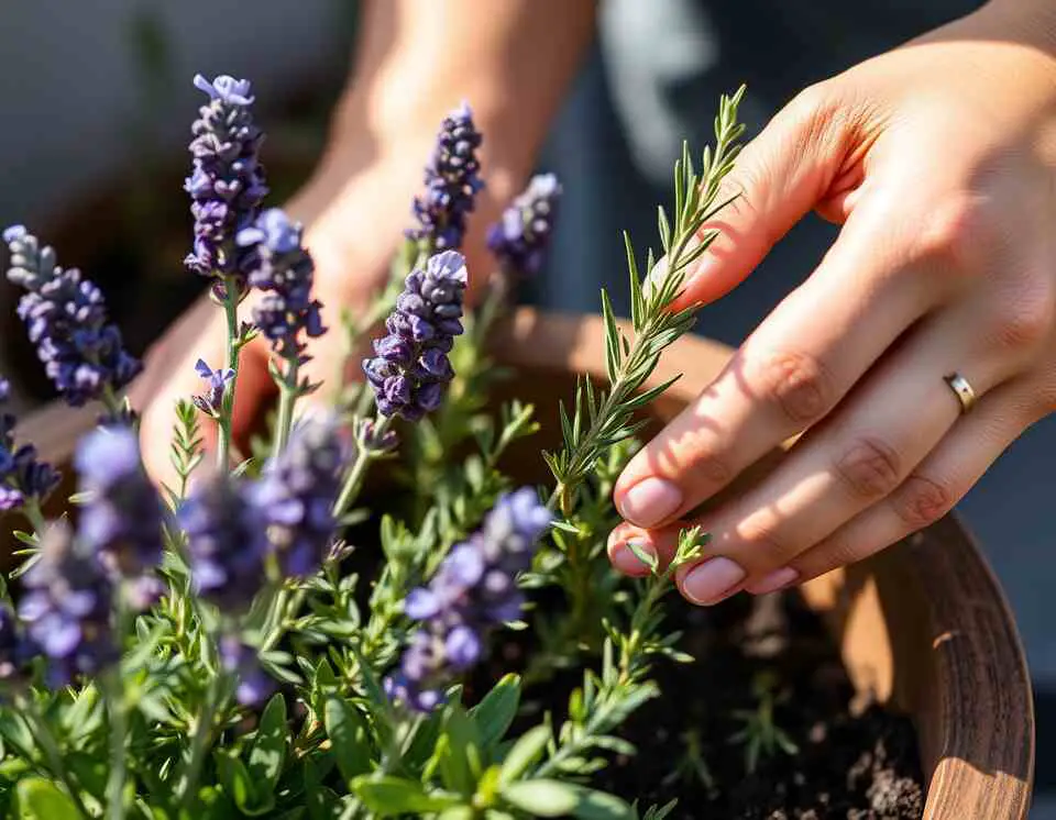 A person tending to lavender and rosemary plants, symbolizing calm and remembrance, with soft sunlight highlighting the herbs.