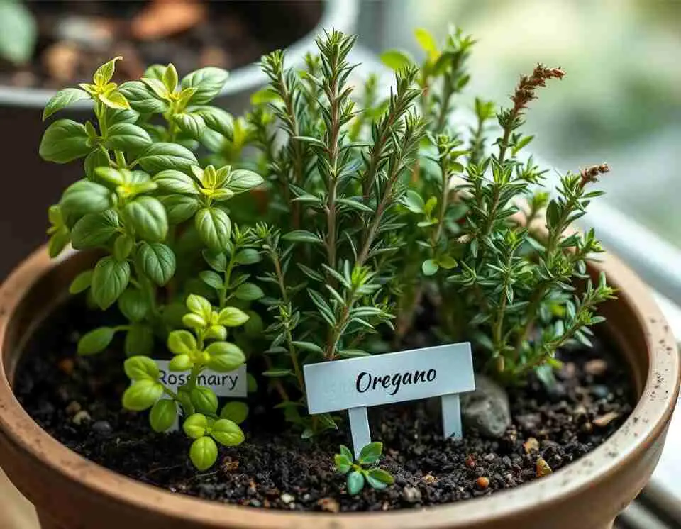 Close-up of basil, rosemary, and oregano growing together in a shared container, with plant markers and healthy green leaves under soft natural light.