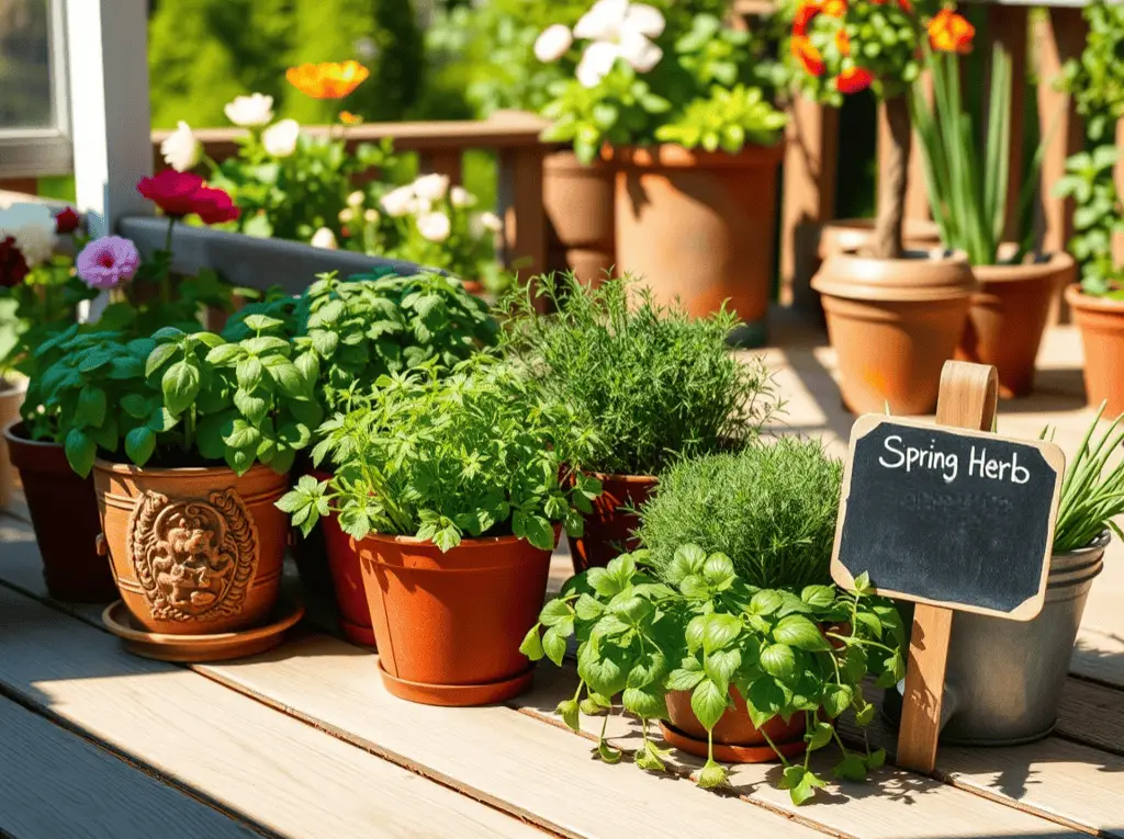 A vibrant spring herb garden on a sunny patio with containers of basil, thyme, parsley, and chives arranged on a wooden deck.