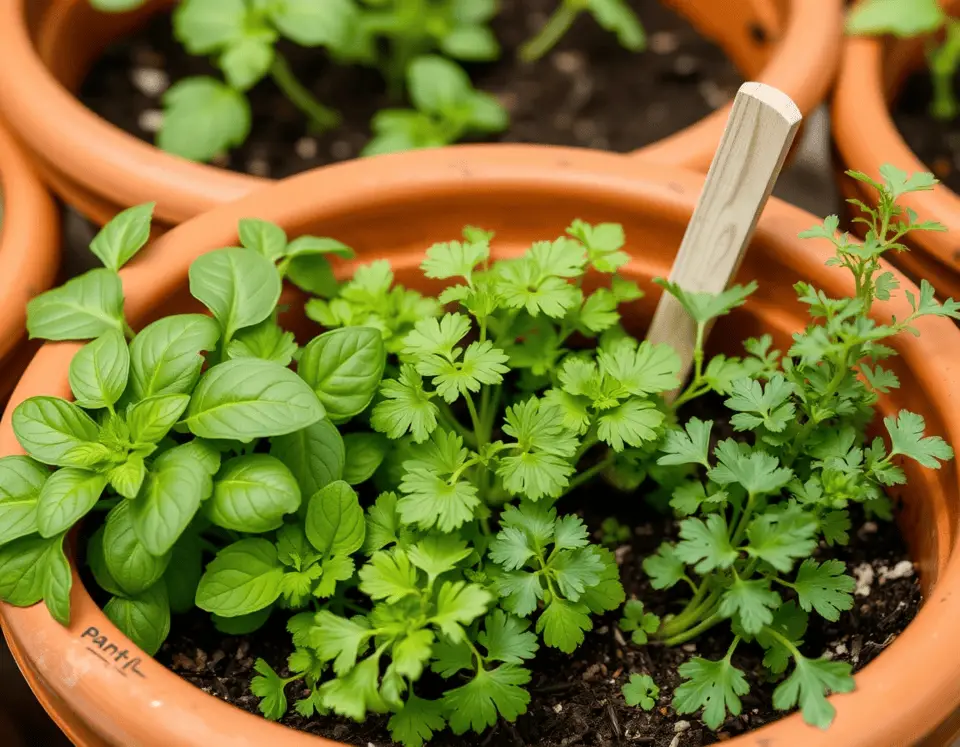 A close-up of a terra cotta container filled with healthy basil, parsley, and oregano. The herbs are full and lush, with a wooden marker and fresh soil visible under natural daylight.