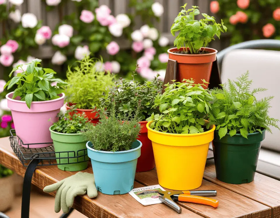 A spring patio garden with multiple containers of mint, thyme, cilantro, and dill. The setup includes gardening gloves, seed packets, and a tiered plant stand surrounded by blooming flowers and greenery.