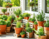 Summer herb container garden on a sunny patio with basil, rosemary, and mint in terracotta pots and wooden crates.