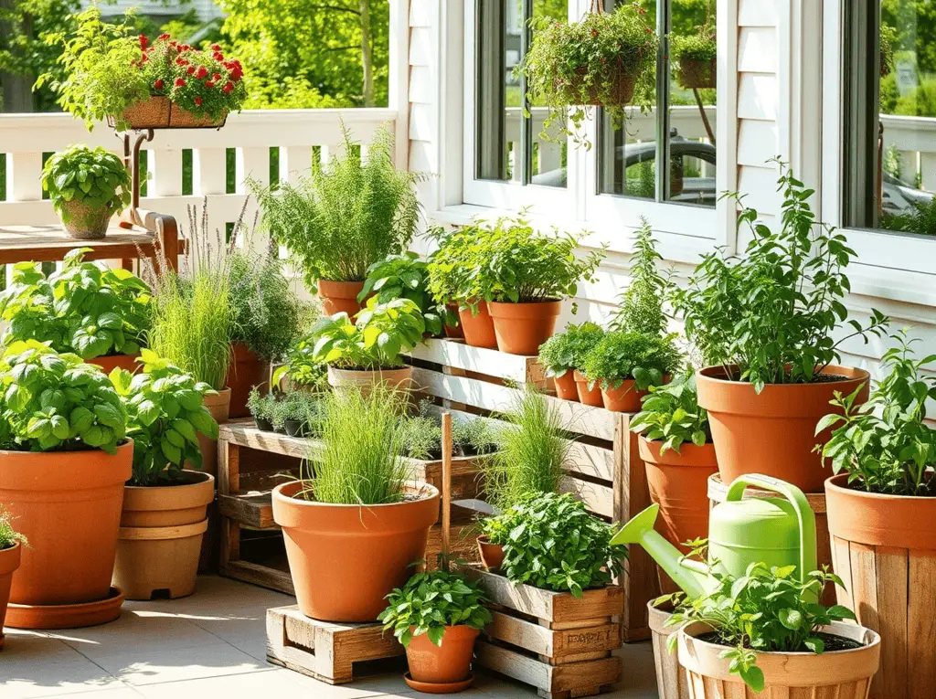 Summer herb container garden on a sunny patio with basil, rosemary, and mint in terracotta pots and wooden crates.
