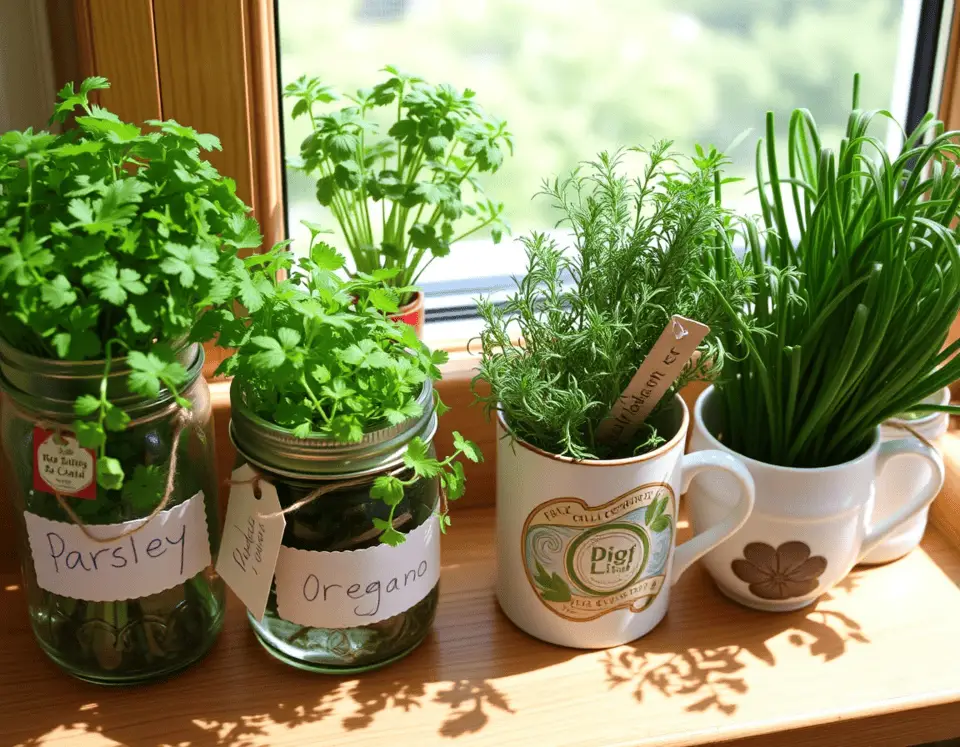Close-up of herbs like parsley and chives growing in mason jars, tin cans, and teacups with handwritten labels.