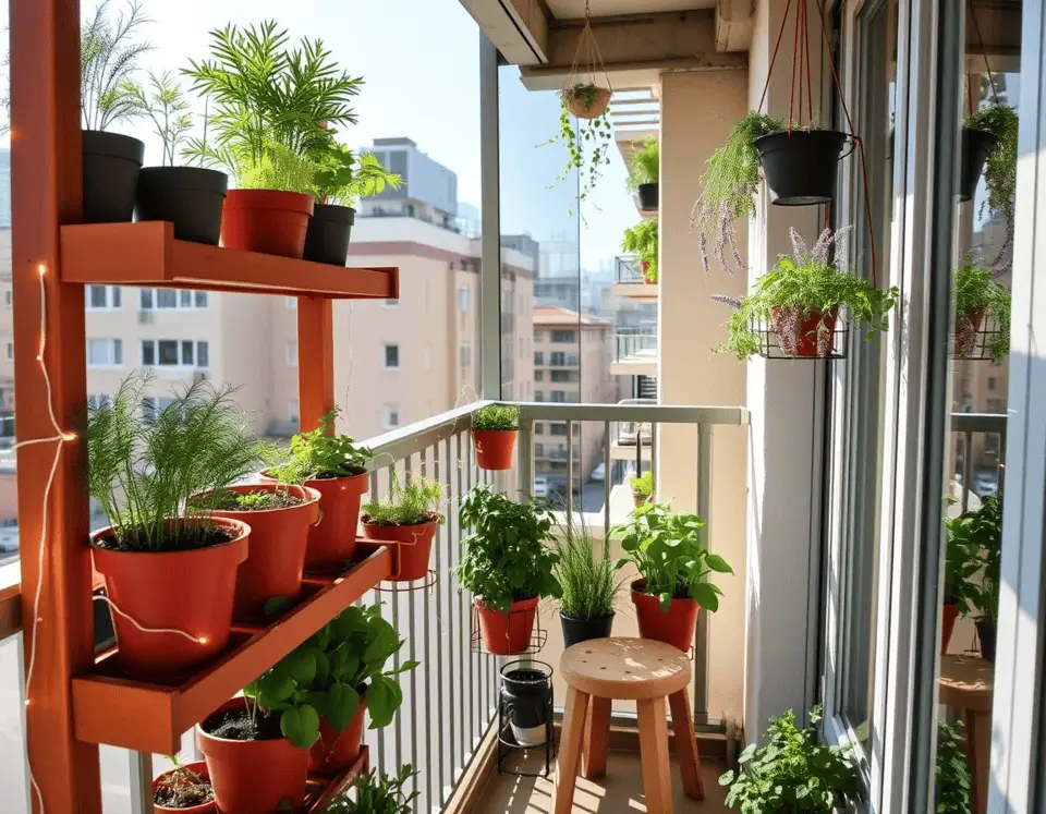 Vertical herb garden on a small balcony with hanging planters and shelf containers filled with dill, basil, and lavender in the summer sun.