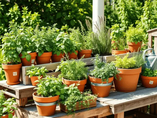 Close-up of basil, thyme, and parsley growing alongside tomatoes and marigolds in a raised garden bed with soft sunlight