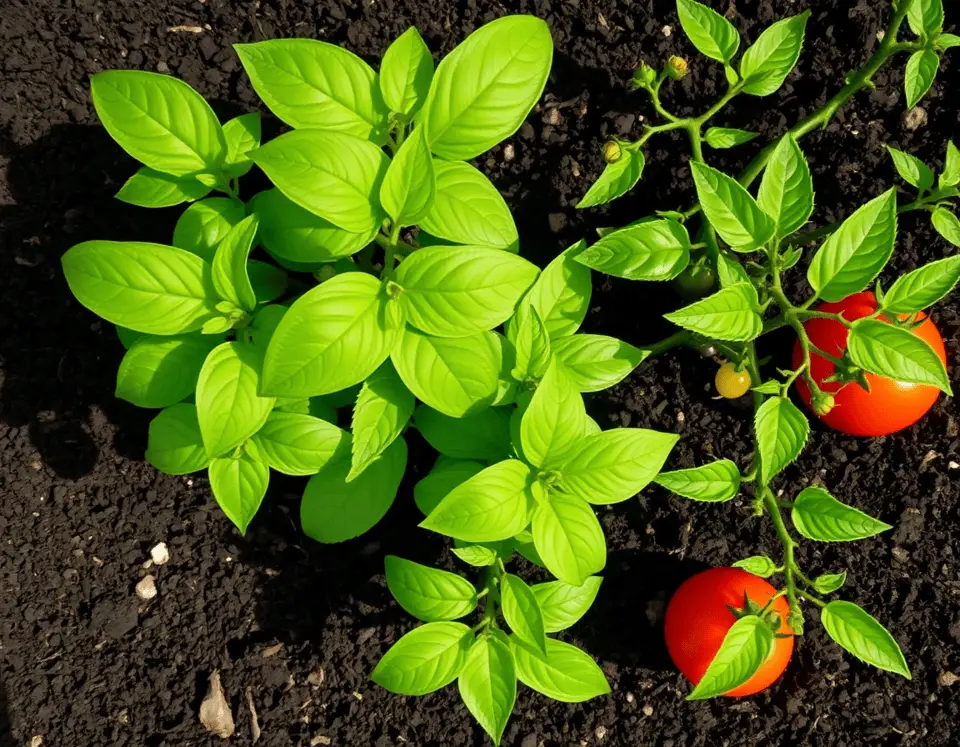 Top-down view of basil and tomato plants sharing a garden bed, with visible blossoms and rich soil.