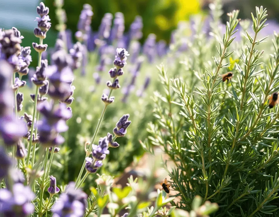 Close-up of blooming lavender and rosemary growing side by side in a sunlit garden border.