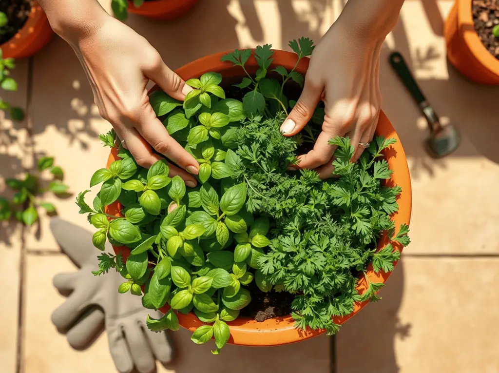 A top-down view of hands arranging basil, thyme, and parsley in a terracotta pot on a sunny patio, with gardening tools nearby and fresh soil exposed.
