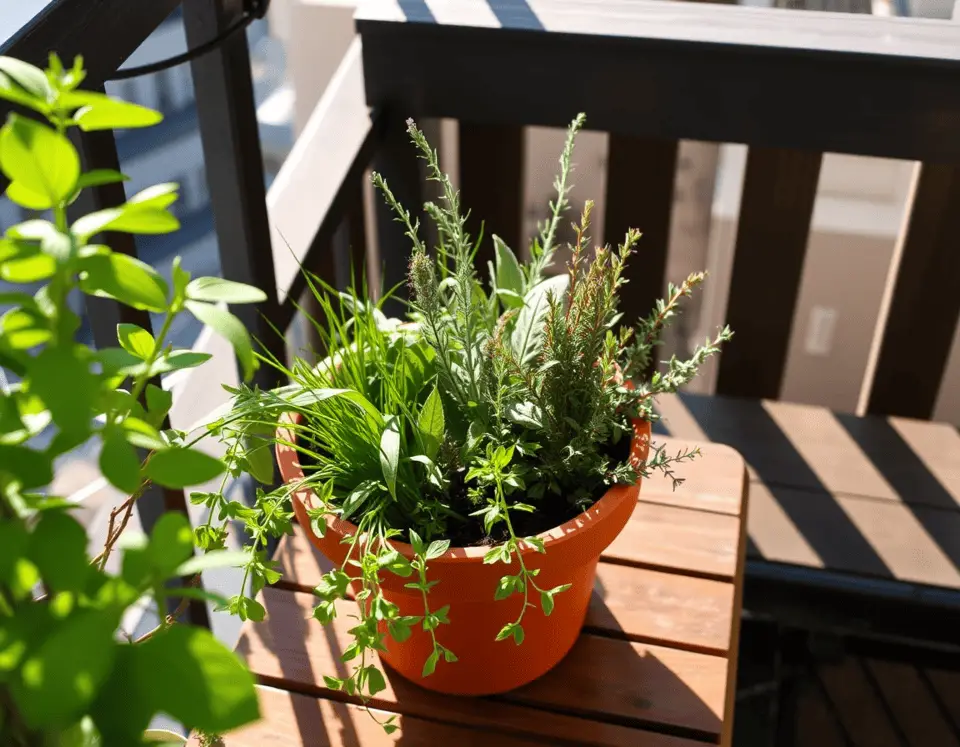 A realistic container herb garden with sage, chives, and thyme in a large pot on a balcony table, bathed in warm sunlight and surrounded by greenery.