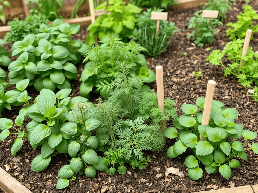 Backyard herb garden with thriving chives and parsley in the background, and struggling basil planted next to sage and dill next to fennel in the foreground. Small wooden markers label each herb.