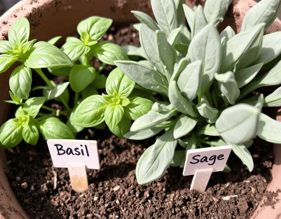 Close-up of basil and sage growing side by side in a garden container. The basil looks slightly wilted while the sage appears overgrown. Soil and plant labels are visible.