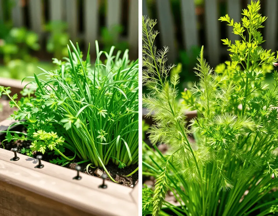 Split view showing healthy parsley and chives growing together on the left, and struggling dill and fennel with yellowed leaves on the right. Raised garden bed with natural background.