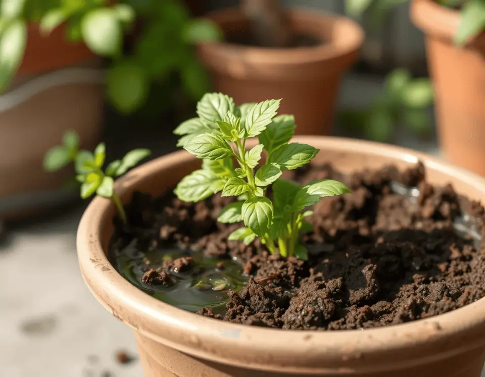 Potted herb plant with soggy, compacted soil and signs of poor drainage, such as yellowing leaves and standing water.