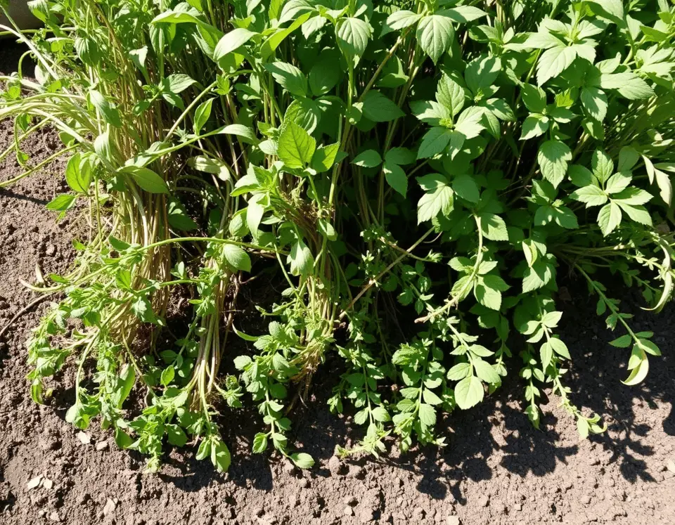 Outdoor garden bed with overgrown herbs showing tangled stems and some yellowing leaves, illustrating lack of pruning or proper harvesting.