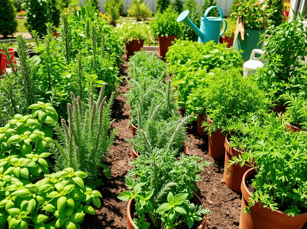 A vibrant herb garden with healthy and struggling plants like basil and rosemary, showing common gardening mistakes such as yellowing leaves and crowded growth, with gardening tools nearby.