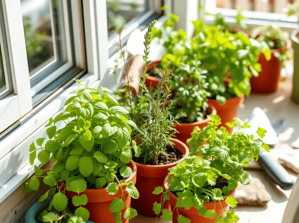A beginner herb garden with basil, rosemary, thyme, and parsley growing in small pots on a sunny patio or windowsill.