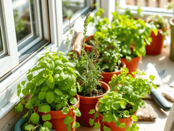 A beginner herb garden with basil, rosemary, thyme, and parsley growing in small pots on a sunny patio or windowsill.