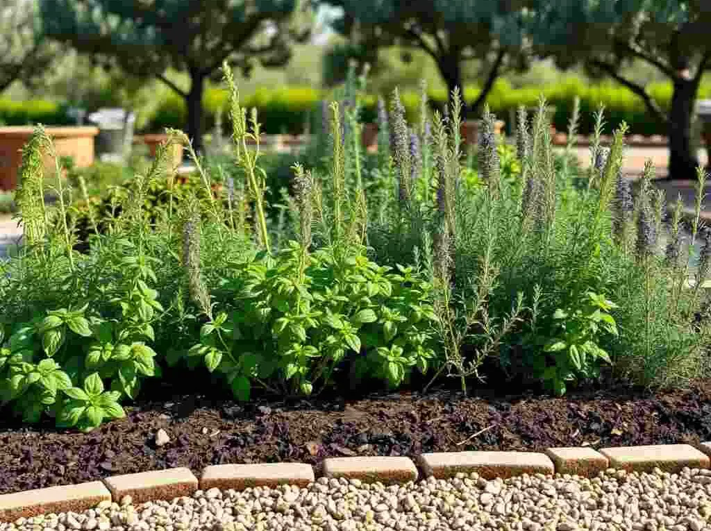 A sunny Mediterranean-style herb garden with basil, oregano, rosemary, thyme, and sage growing together in soil beds.