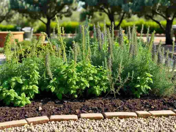 A sunny Mediterranean-style herb garden with basil, oregano, rosemary, thyme, and sage growing together in soil beds.