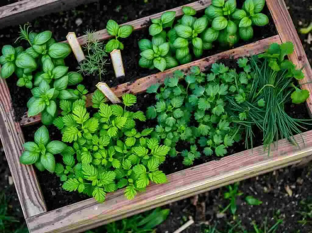 A raised wooden garden bed filled with basil, rosemary, thyme, parsley, and chives. Each herb is labeled with a small garden marker. The soil looks rich and moist, and the plants are thriving in soft morning light.
