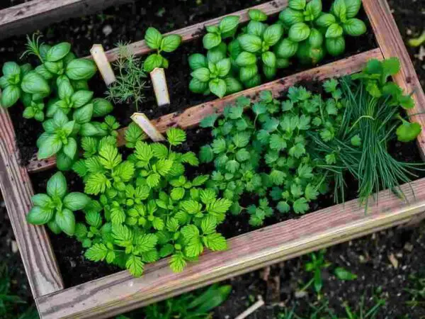 A raised wooden garden bed filled with basil, rosemary, thyme, parsley, and chives. Each herb is labeled with a small garden marker. The soil looks rich and moist, and the plants are thriving in soft morning light.