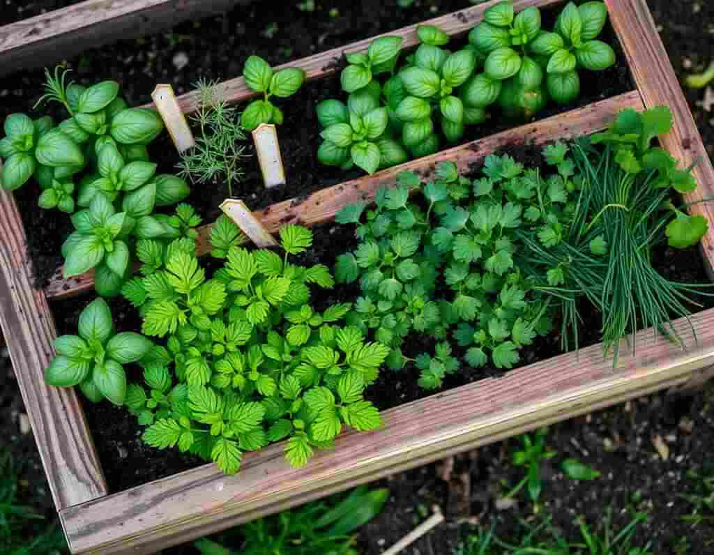 A raised wooden garden bed filled with basil, rosemary, thyme, parsley, and chives. Each herb is labeled with a small garden marker. The soil looks rich and moist, and the plants are thriving in soft morning light.