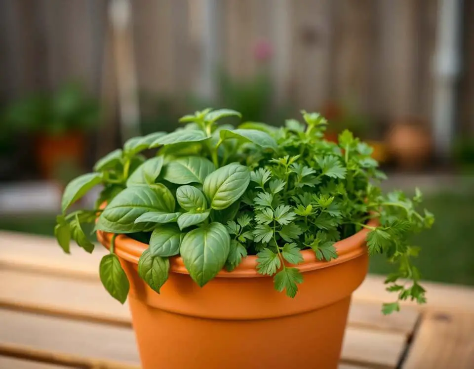 Close-up of a terracotta pot with healthy basil and curly parsley growing side by side on a wooden patio table, with a blurred backyard in the background.