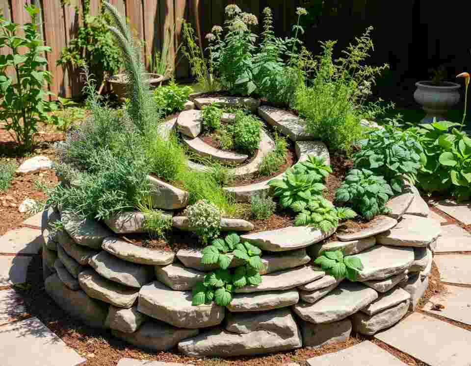 A spiral herb garden built from stacked stones, featuring oregano, thyme, dill, and cilantro growing in layers. It’s set outdoors in a sunny backyard with bees and butterflies nearby.