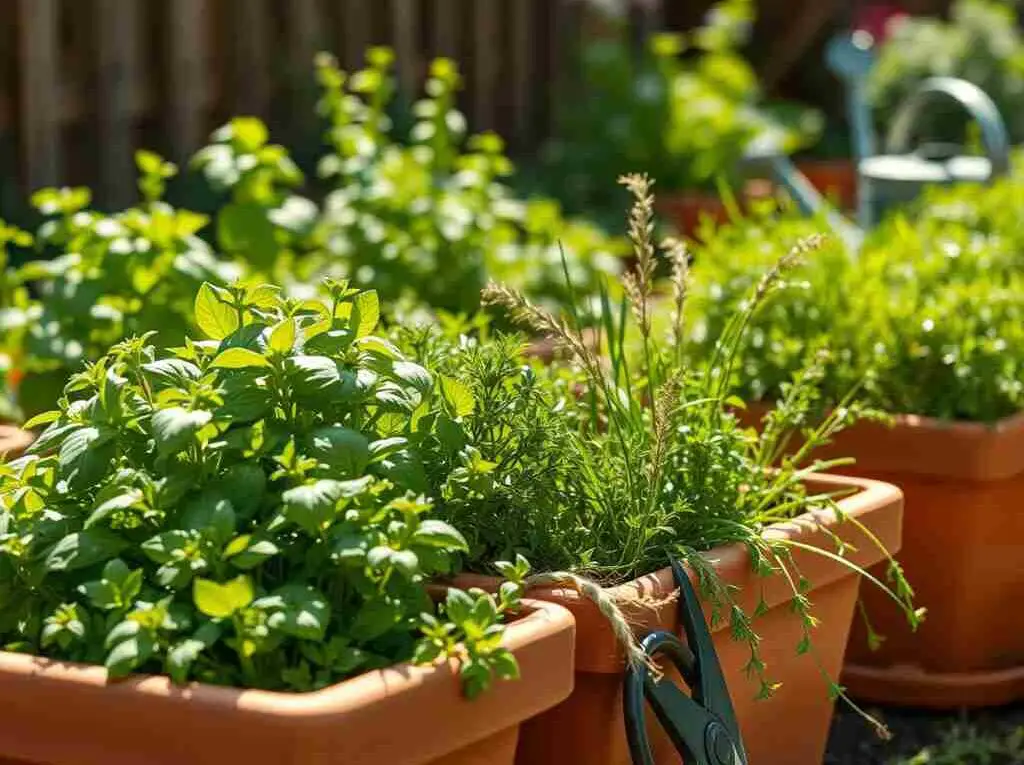 A small backyard herb garden with basil, parsley, thyme, and chives growing in terracotta pots and raised beds, bathed in natural sunlight.