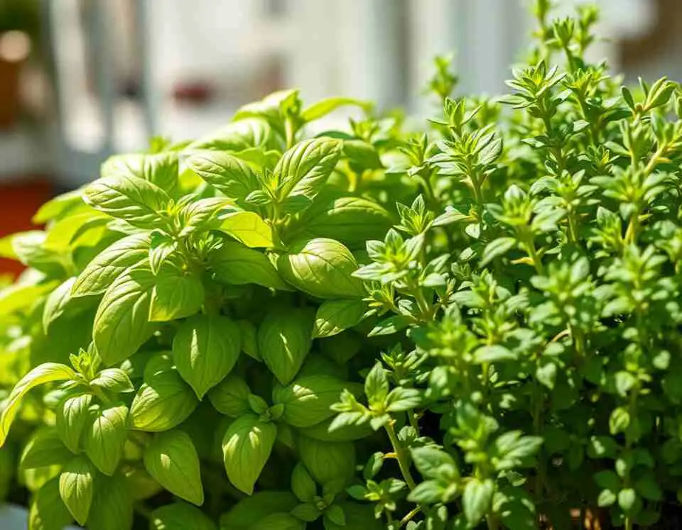 Basil and oregano growing together in a large shared container, with deep green leaves basking in bright sunlight on a patio table.