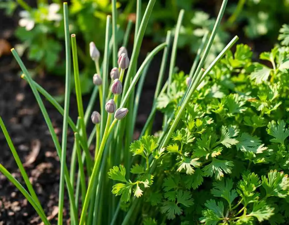 A full planter with chives and curly parsley growing side by side in rich soil, thriving in a partly shaded garden nook.