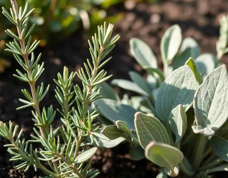 A rustic garden bed with rosemary and sage planted closely, their textured leaves catching the warm afternoon sun.