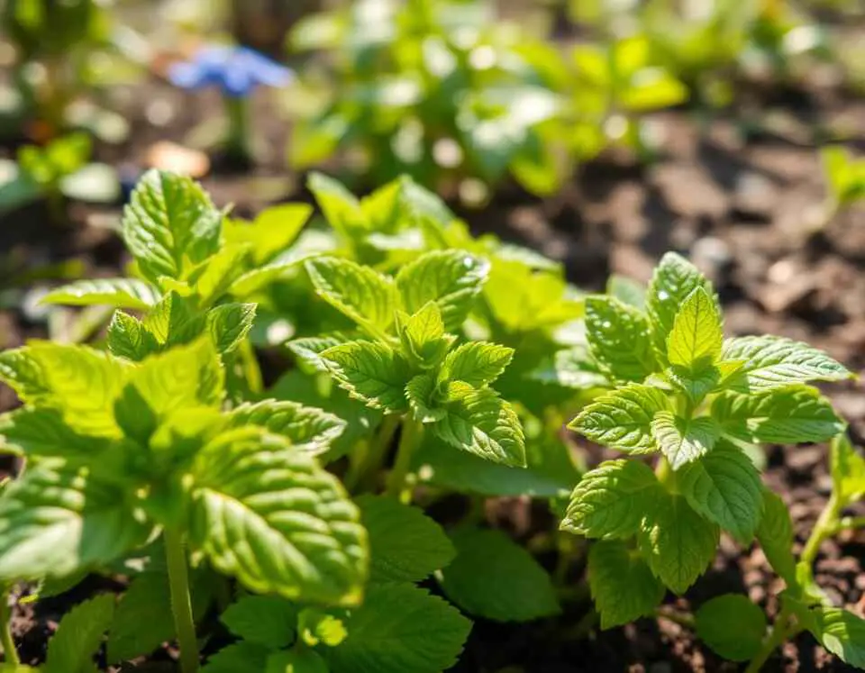 Mint and Lemon herb plants growing side-by-side in a garden.