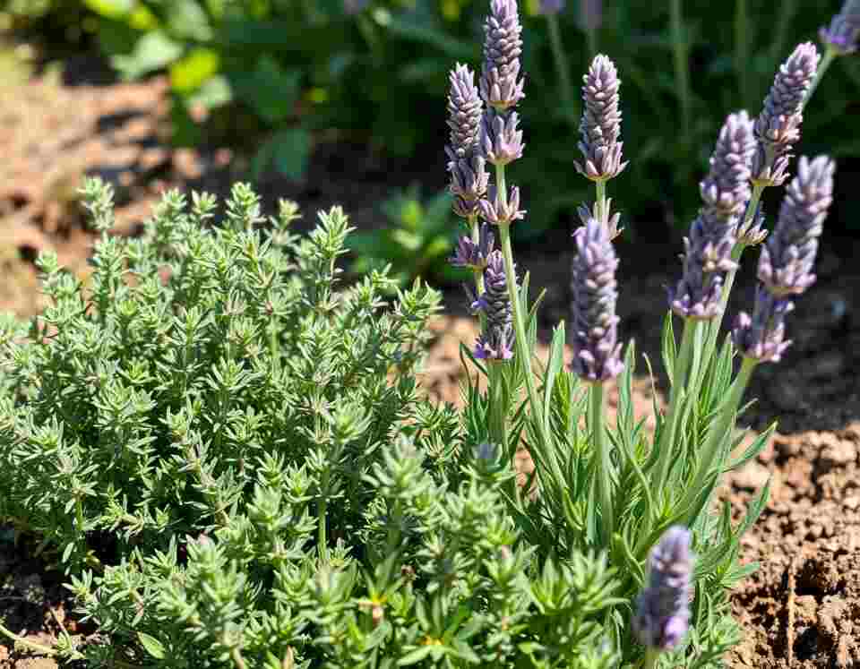 A sunny raised bed with blooming lavender and creeping thyme growing together, surrounded by pollinators and soft greenery.