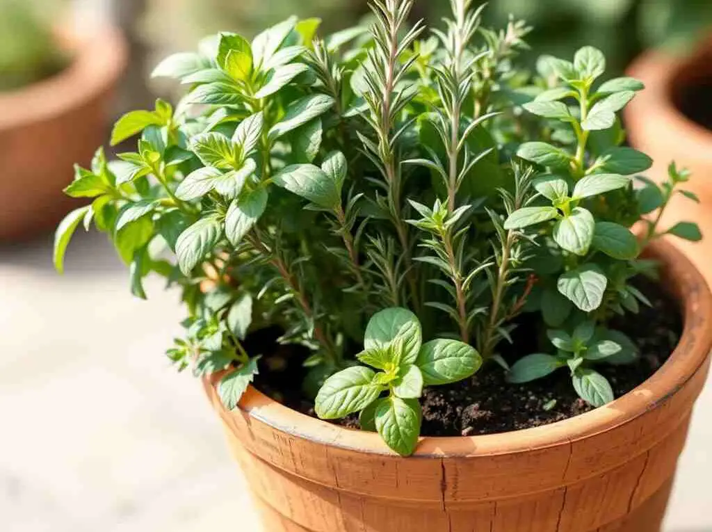 A close-up of a single terra-cotta pot filled with basil, oregano, rosemary, thyme, and mint growing together in the same soil.
