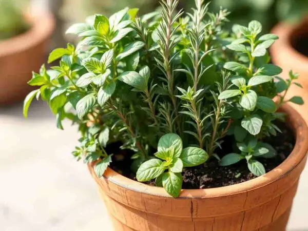 A close-up of a single terra-cotta pot filled with basil, oregano, rosemary, thyme, and mint growing together in the same soil.