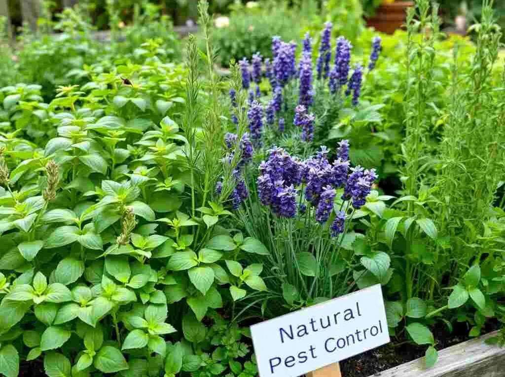 A herb garden featuring basil, rosemary, lavender, mint, and chives growing side by side. These herbs are known to repel pests naturally when planted together.